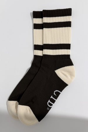 Cushioned Cotton Socks in Brown/Cream, pair laid flat side by side showing the striped cuffs, cream heels and toes, and CIB logo