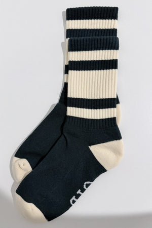 Cushioned Cotton Socks in Green/Cream, pair laid flat showing the striped cuffs, cream heels and toes