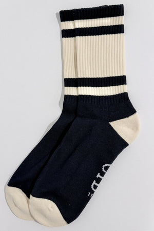 Cushioned Cotton Socks in Navy/Cream, pair laid flat side by side showing the striped cuffs, cream heels and toes