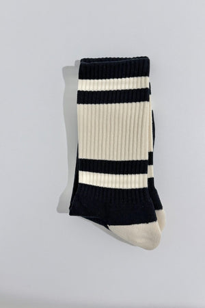 Cushioned Cotton Socks in Navy/Cream, folded sock showing the ribbed cream leg with navy stripes