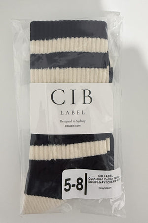 Cushioned Cotton Socks in Navy/Cream, packaged pair, size US 5-8