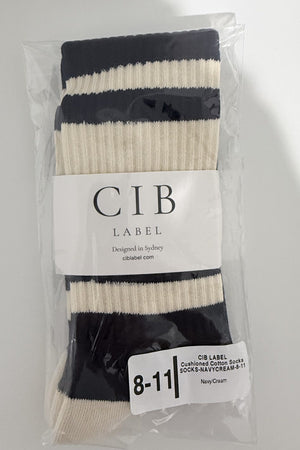 Cushioned Cotton Socks in Navy/Cream, packaged pair, size US 8-11