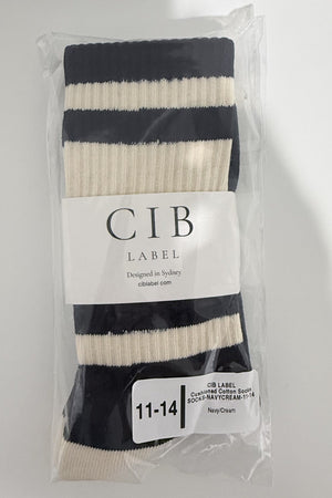 Cushioned Cotton Socks in Navy/Cream, packaged pair, size US 11-14