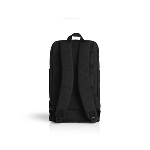 Cib Label Travel Backpack in black, rear view showing padded shoulder straps and back panel