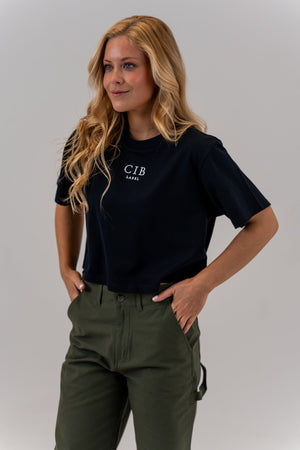 Combed Cotton Crop Tee Navy, front, hands on hips