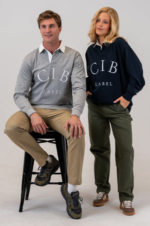 Cotton Rugby Jersey Grey Marle and Navy, worn together