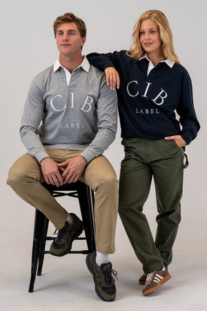 Cotton Rugby Jersey Grey Marle and Navy, worn together, alternate