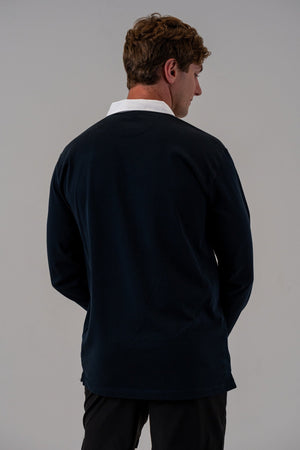 Cotton Rugby Jersey Navy, back view with shorts
