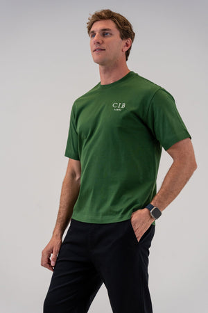 Heavyweight Cotton Box Tee Forest Green, front, on him
