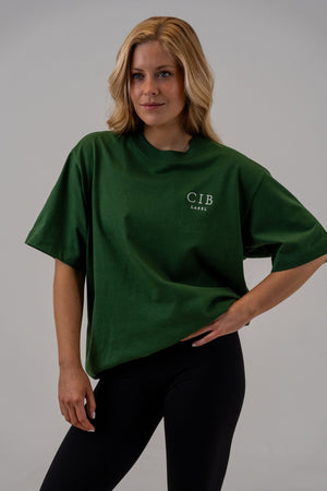 Heavyweight Cotton Box Tee Forest Green, on her, relaxed