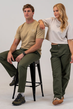 Heavyweight Cotton Box Tee Khaki with Crop Tee Bone, worn together