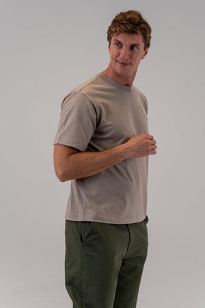 Heavyweight Cotton Box Tee Mushroom, front, on him