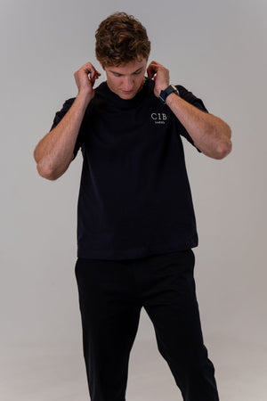Heavyweight Cotton Box Tee Navy, front, on him