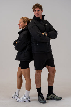 Men's 630-Fill Down Puffer Jacket Black, worn together