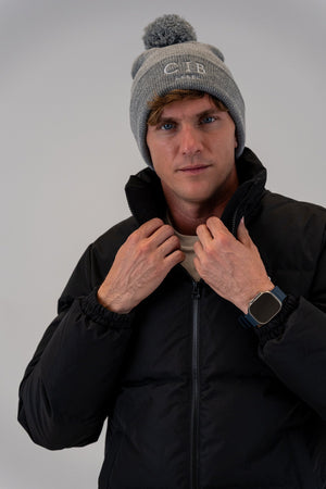 Recycled Acrylic Pom Pom Beanie Grey Marle, front