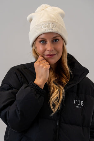 Women's Puffer Jacket Black with Pom Pom Beanie Natural, front