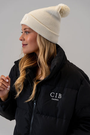 Women's Puffer Jacket Black with Pom Pom Beanie Natural, front, alternate
