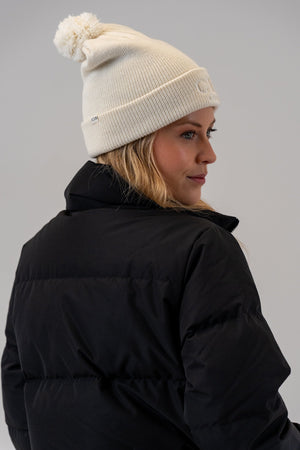 Women's Puffer Jacket Black with Pom Pom Beanie Natural, side view