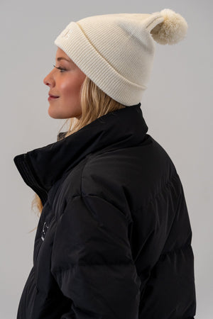 Women's Puffer Jacket Black with Pom Pom Beanie Natural, side view, alternate