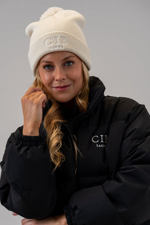 Women's Puffer Jacket Black with Pom Pom Beanie Natural, front, relaxed