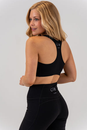 Slim High-Waisted Active Shorts Black with Structured Sports Bra Black, back view